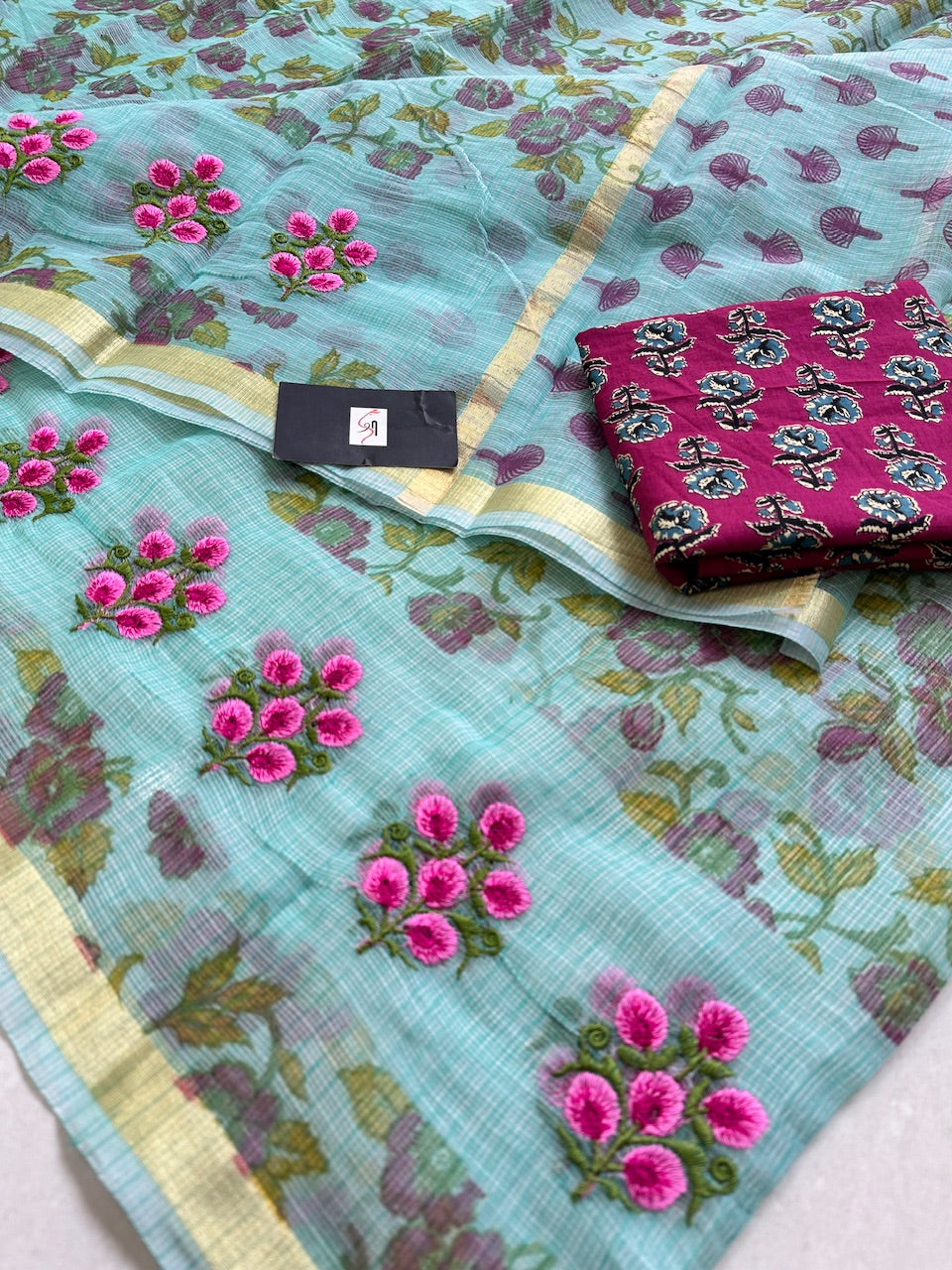 Embroidered Digital Printed Kota Cotton Doria Saree