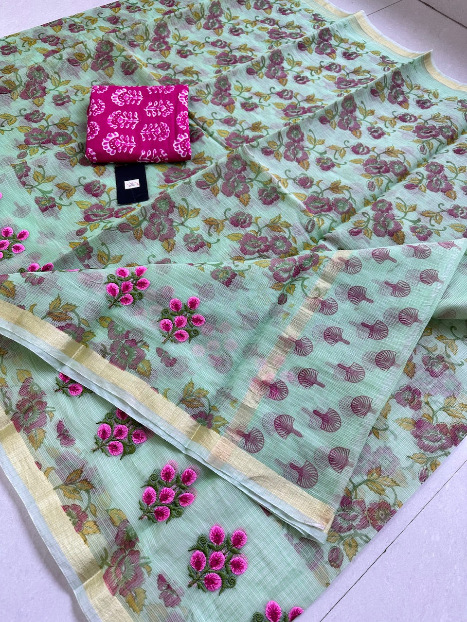 Embroidered Digital Printed Kota Cotton Doria Saree