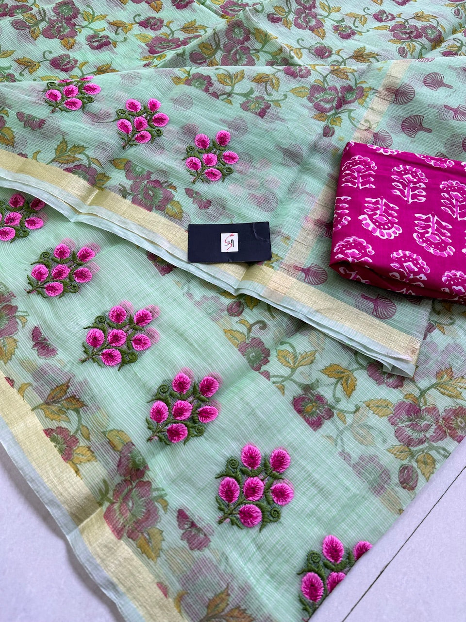 Embroidered Digital Printed Kota Cotton Doria Saree