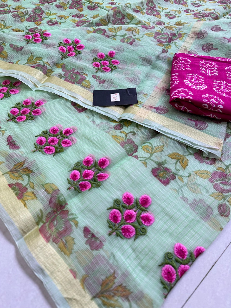 Embroidered Digital Printed Kota Cotton Doria Saree