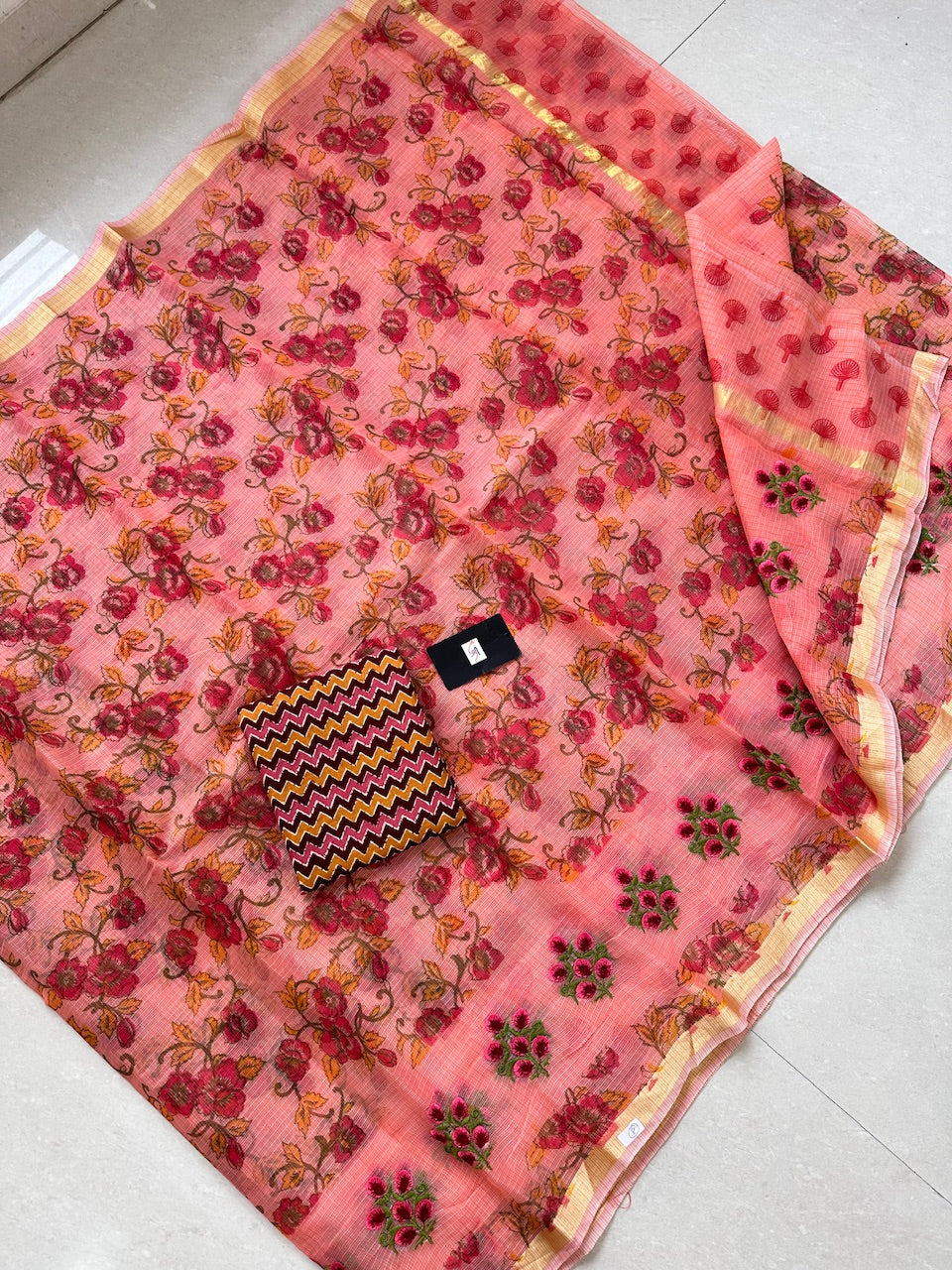 Embroidered Digital Printed Kota Cotton Doria Saree