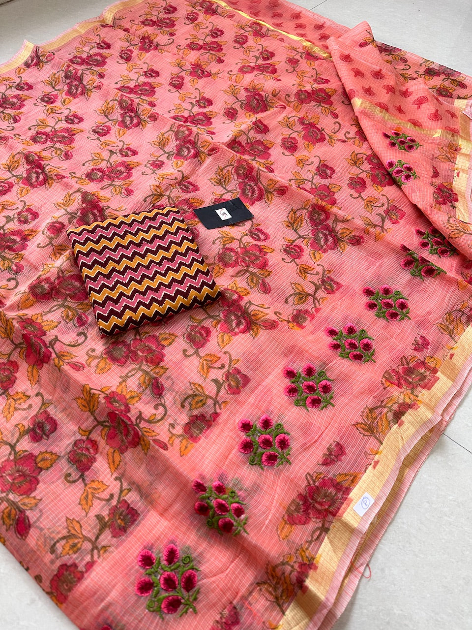 Embroidered Digital Printed Kota Cotton Doria Saree