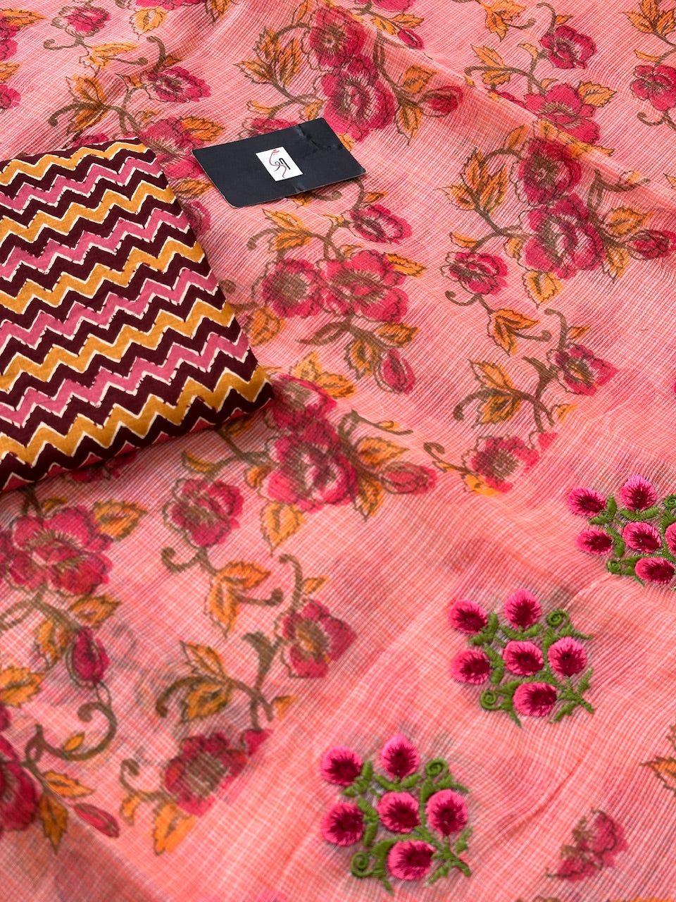 Embroidered Digital Printed Kota Cotton Doria Saree