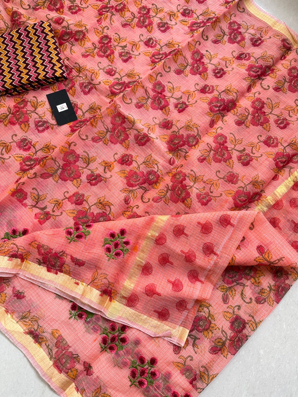 Embroidered Digital Printed Kota Cotton Doria Saree