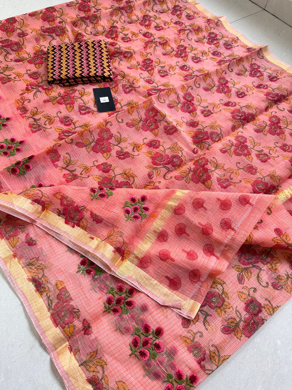 Embroidered Digital Printed Kota Cotton Doria Saree