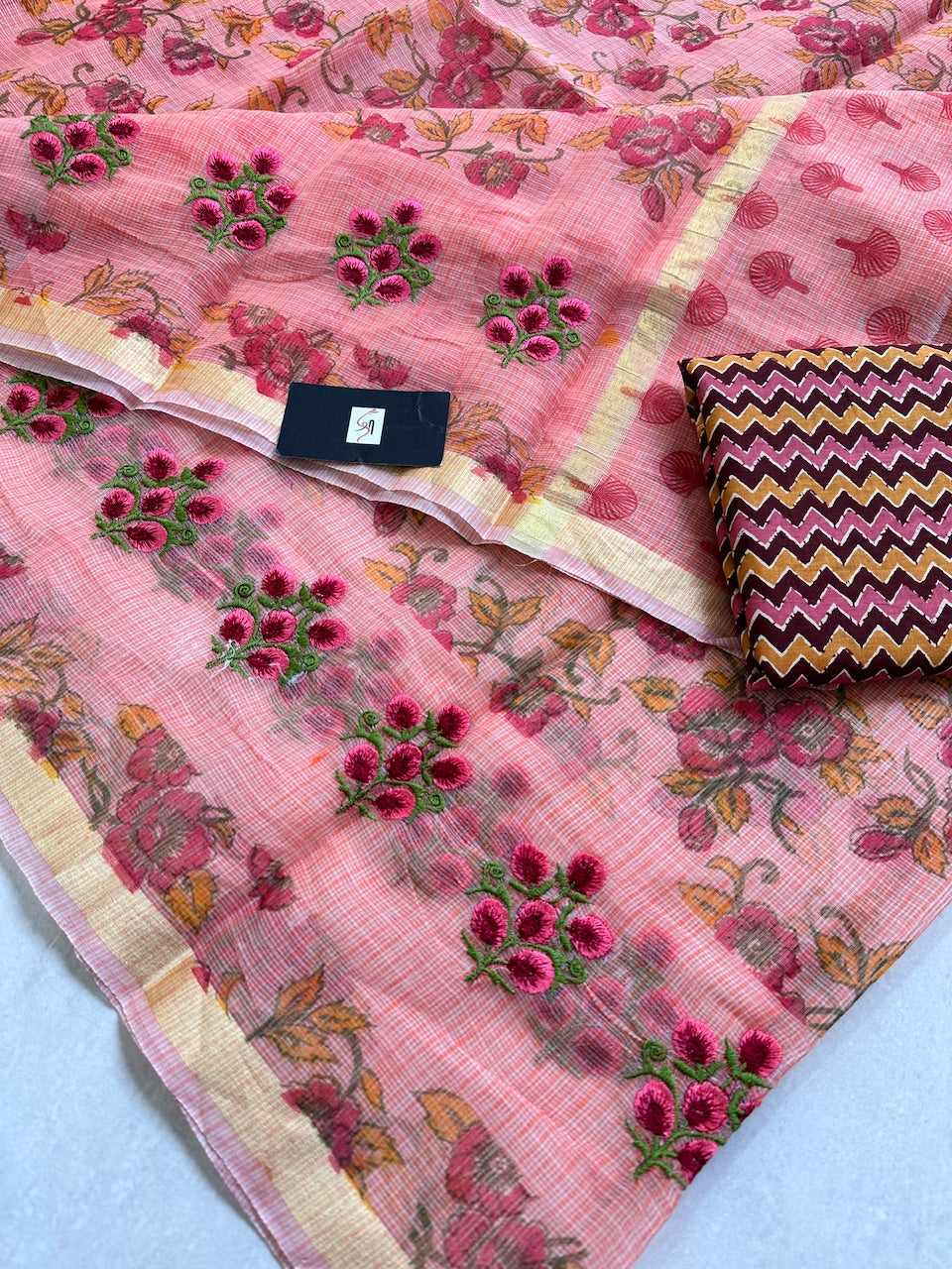 Embroidered Digital Printed Kota Cotton Doria Saree