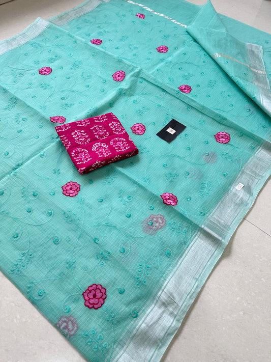 Embroidered Kota Cotton Doria Saree