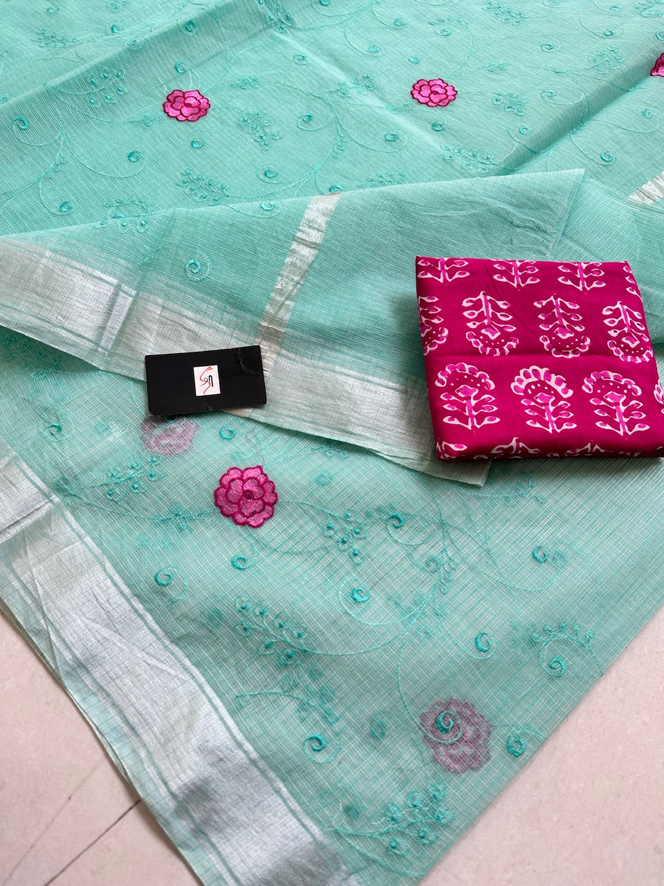 Embroidered Kota Cotton Doria Saree