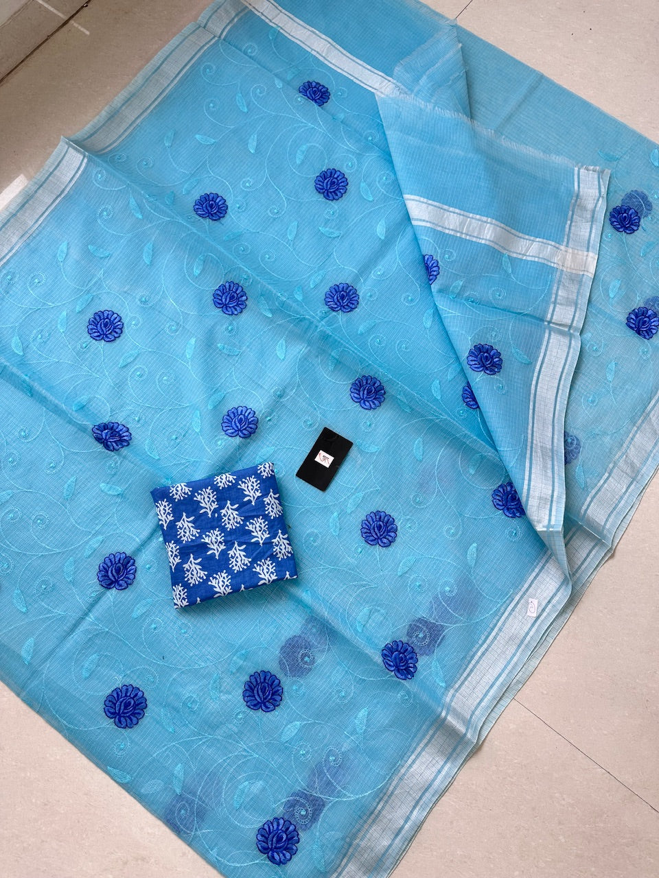 Embroidered Kota Cotton Doria Saree