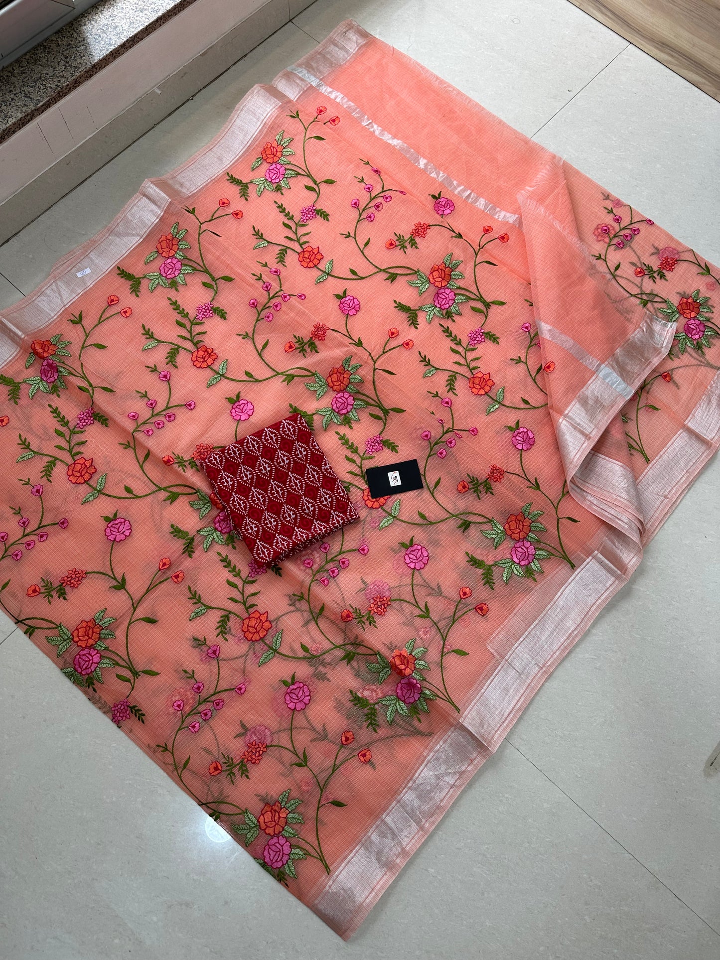 Embroidered Kota Cotton Doria Saree