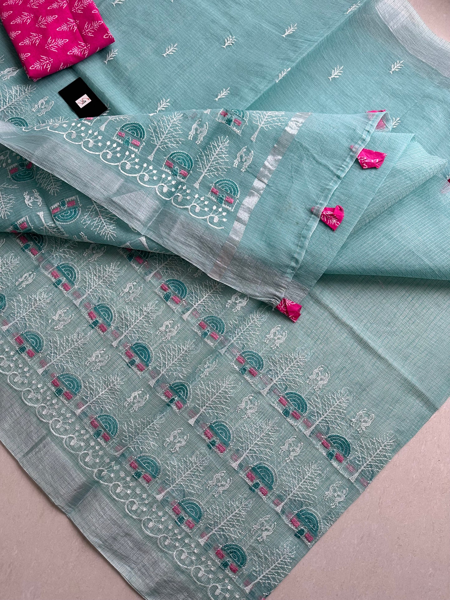 Embroidered Kota Cotton Doria Saree