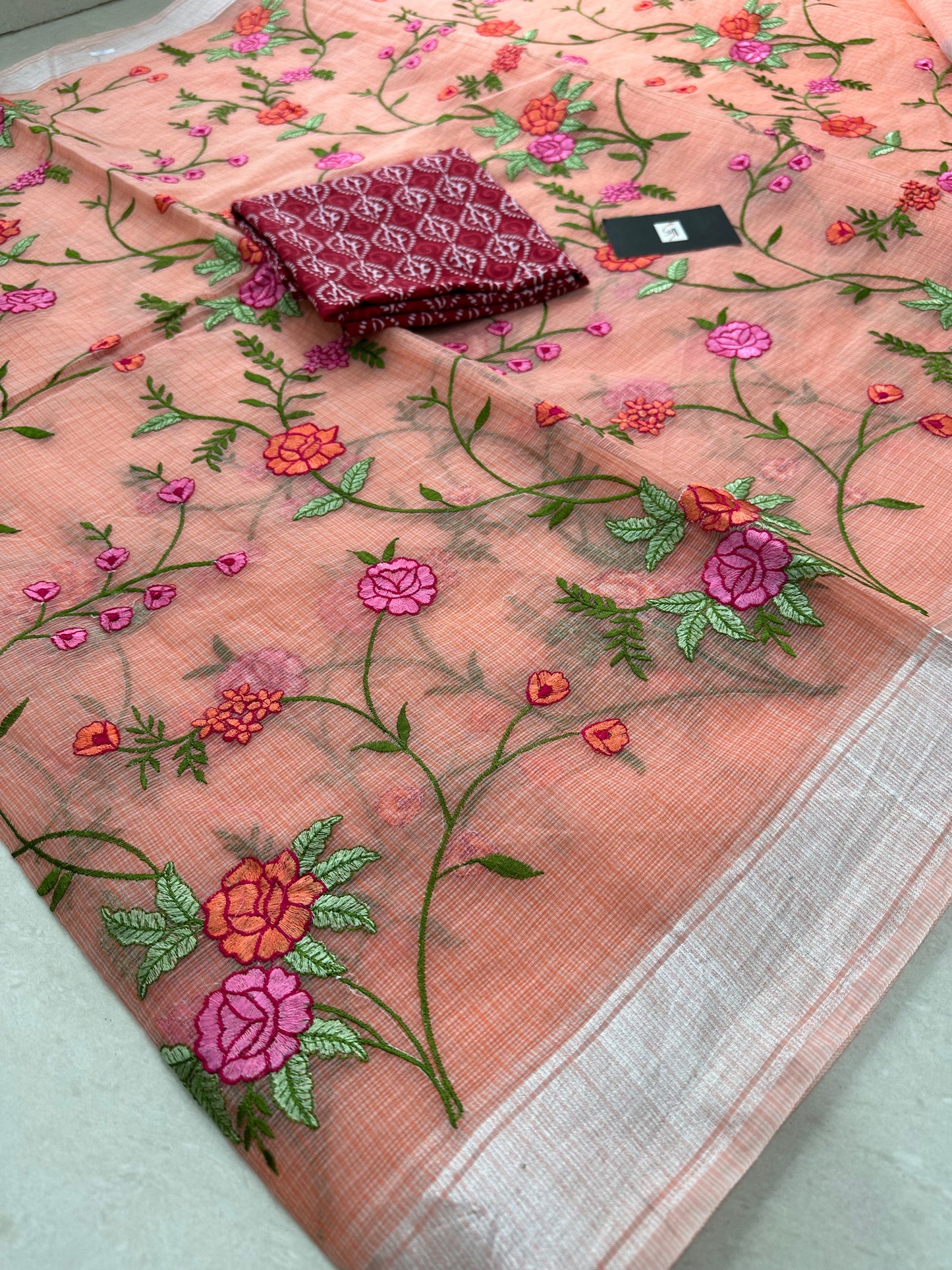 Embroidered Kota Cotton Doria Saree