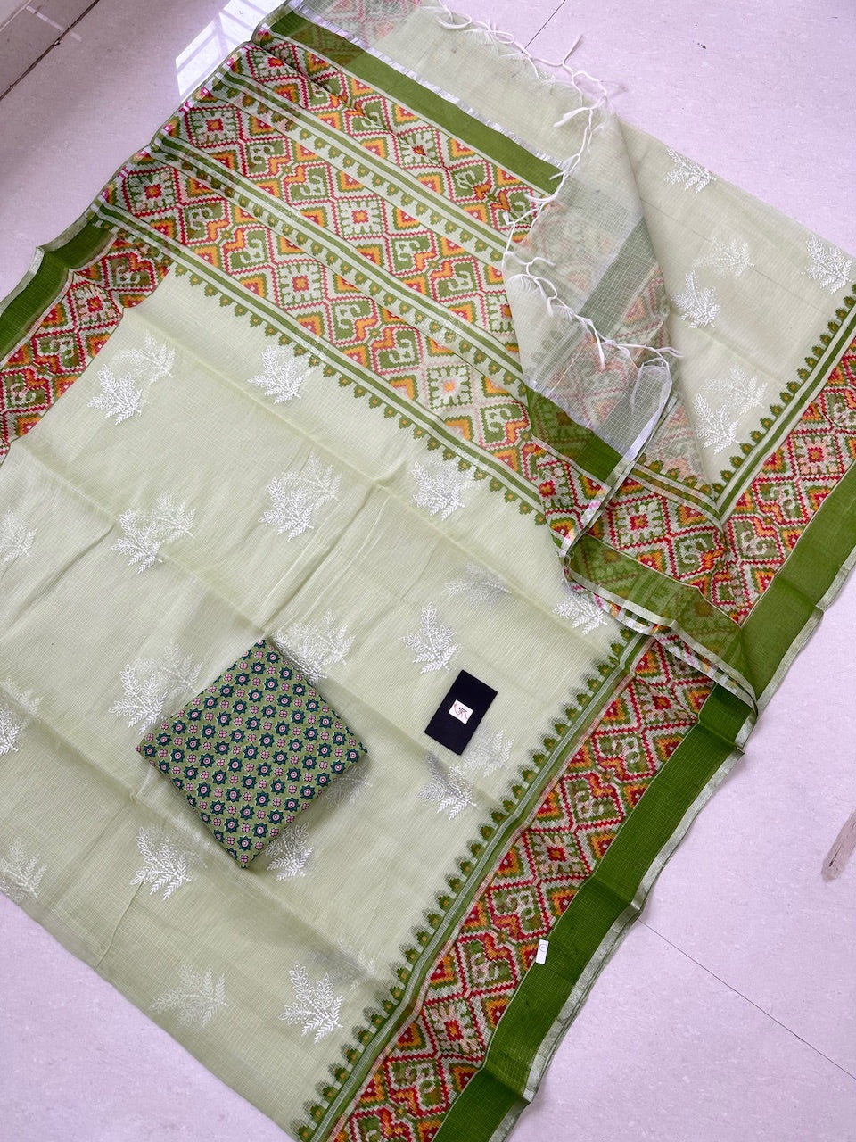 Embroidered HandBlock Printed Kota Cotton Doria Saree