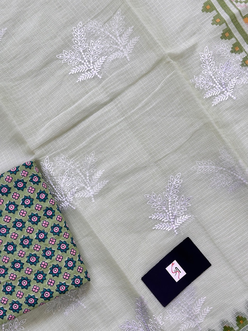 Embroidered HandBlock Printed Kota Cotton Doria Saree