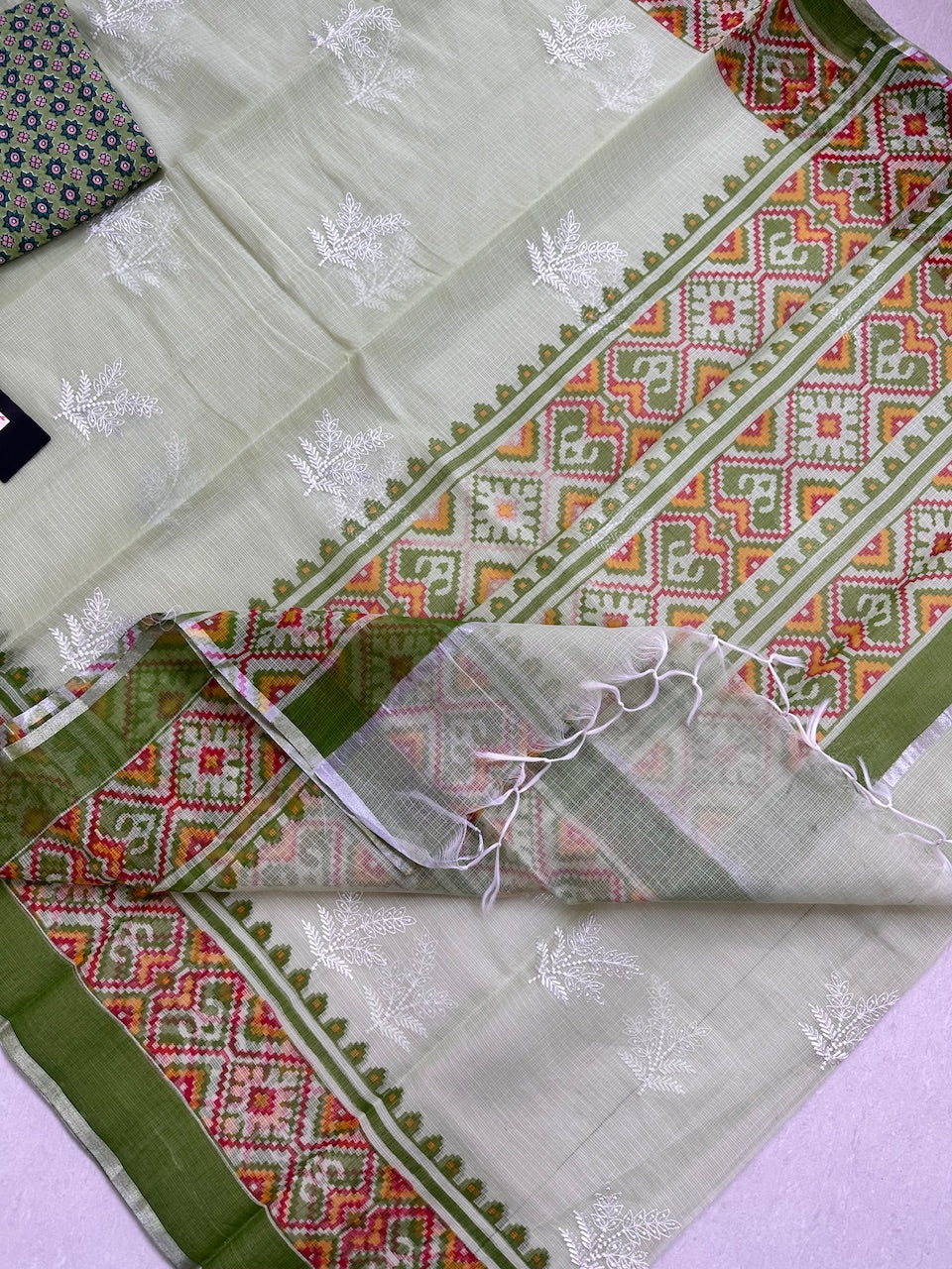 Embroidered HandBlock Printed Kota Cotton Doria Saree