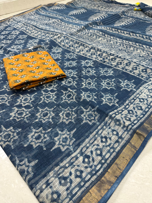 HandBlock Printed Pure Kota Cotton Doria Saree