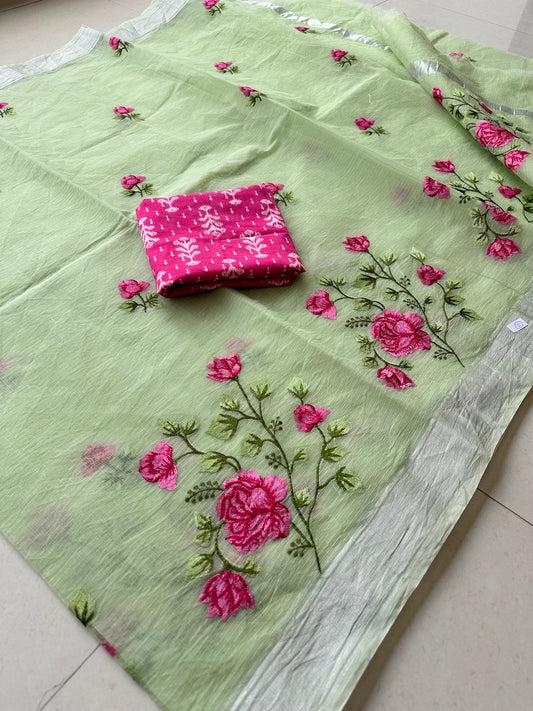 Embroidered Kota Cotton Doria Saree