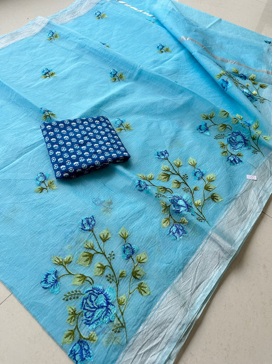 Embroidered Kota Cotton Doria Saree