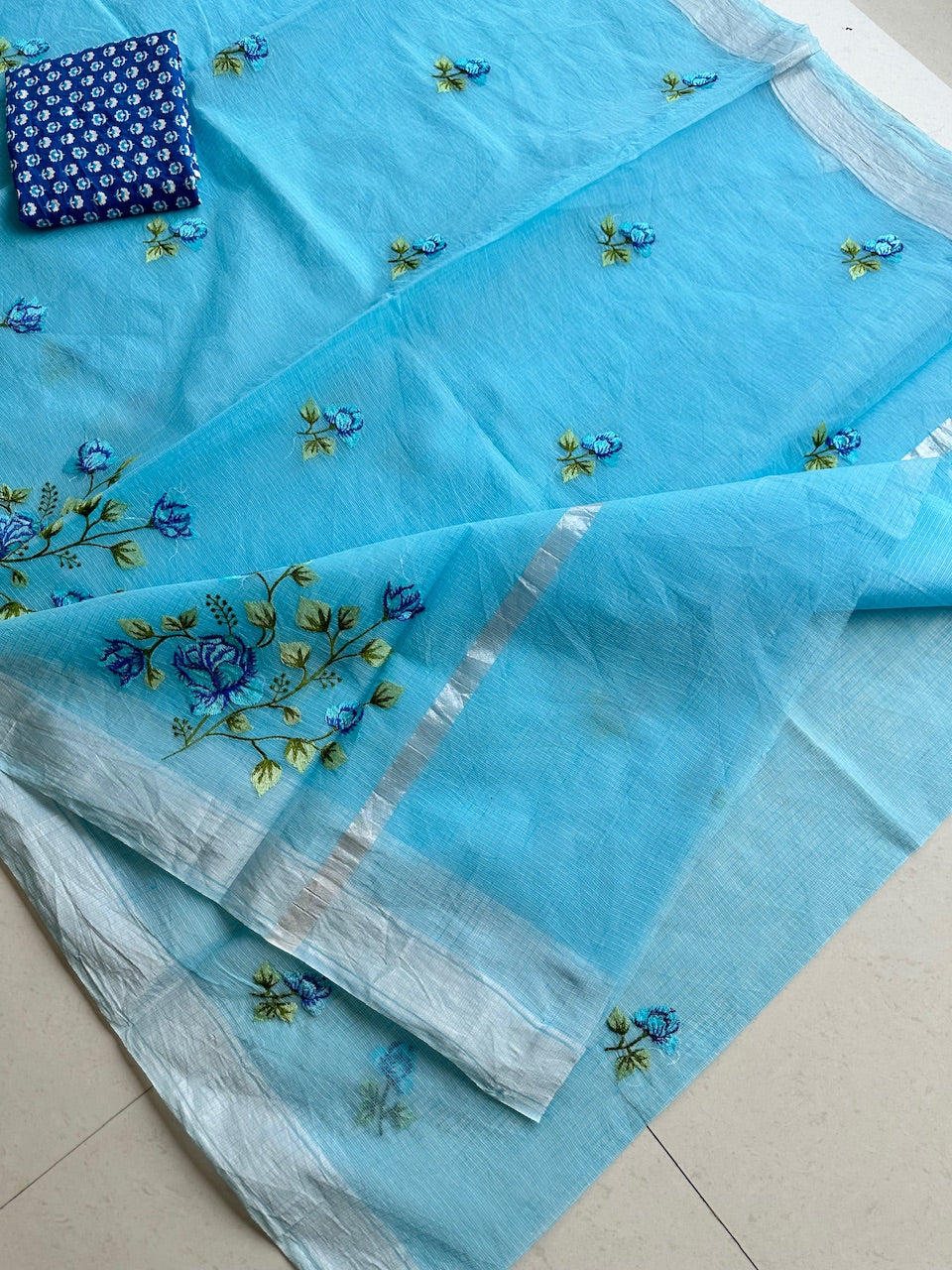 Embroidered Kota Cotton Doria Saree