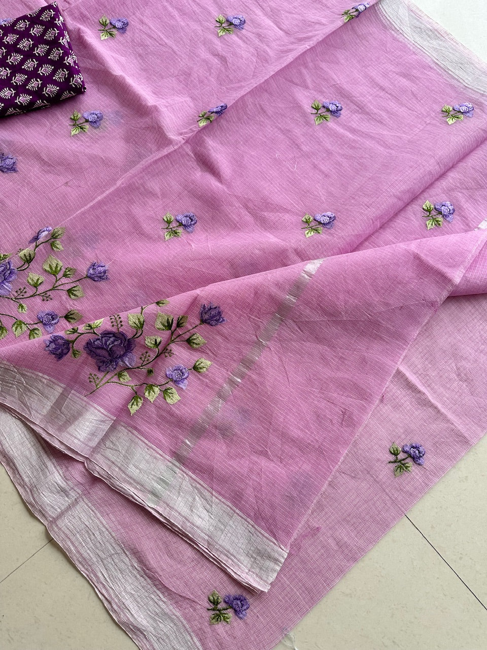 Embroidered Kota Cotton Doria Saree