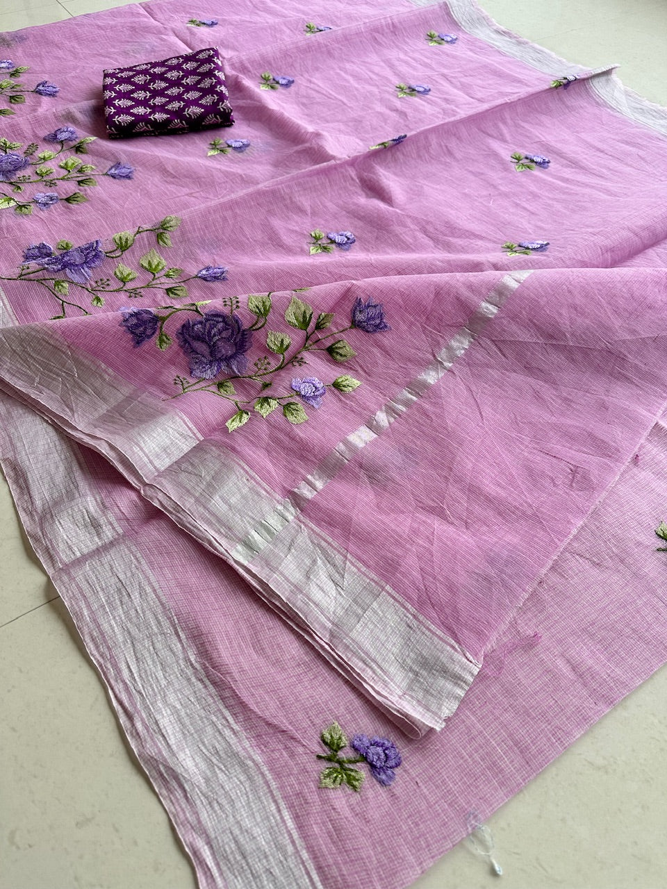 Embroidered Kota Cotton Doria Saree