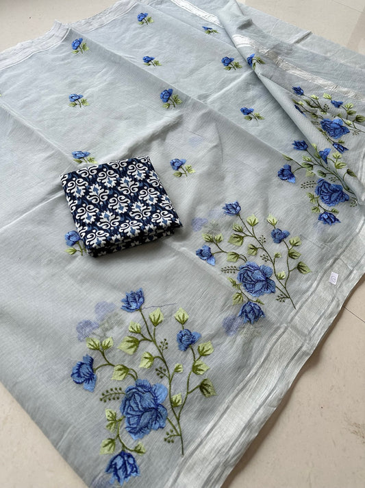 Embroidered Kota Cotton Doria Saree