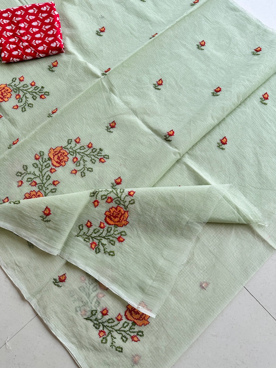 Embroidered Kota Cotton Doria Saree