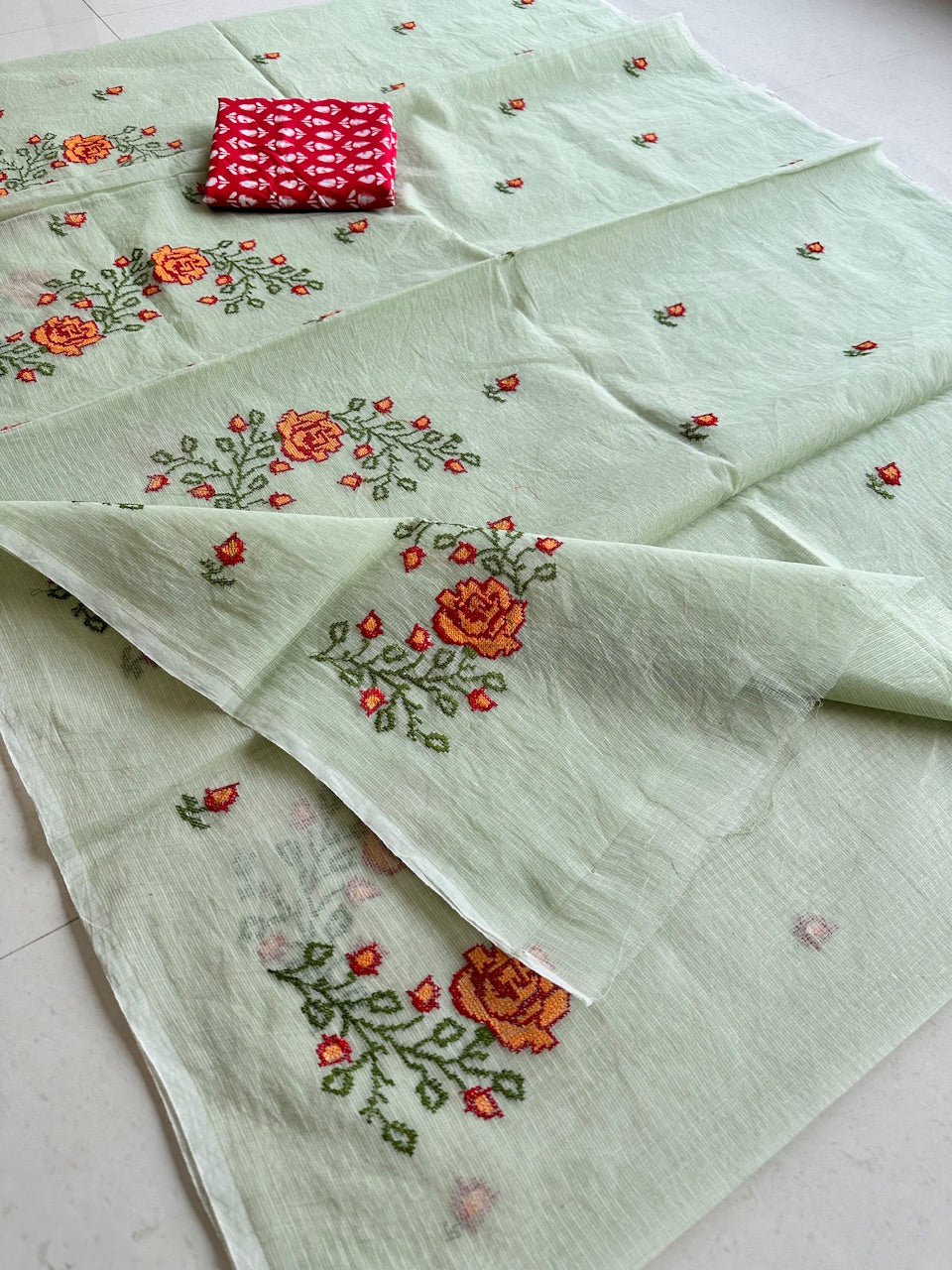 Embroidered Kota Cotton Doria Saree